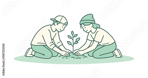 Spring Tree Planting. Friends planting young trees during a quiet spring moment, kneeling side by side and carefully placing a