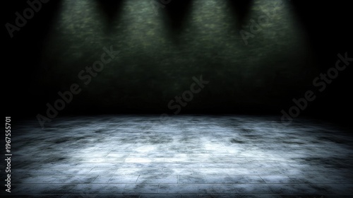 A dimly lit stage with a spotlight shining down on a worn, dirty floor.