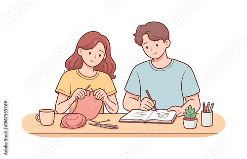 Couple practicing favorite hobby side by side at table, minimal tools or objects as context and relaxed posture emphasizing