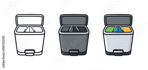 Waste separation action shown by a household trash container with divided inner sections, same geometry displayed side by side
