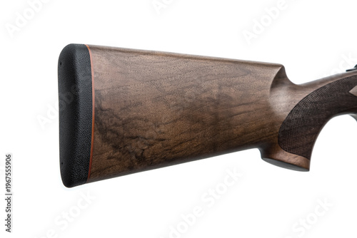 Fotografija Close-up of a shotgun wooden stock with a rubber recoil pad isolated on a white
