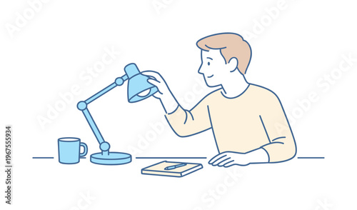 Man calmly adjusting desk lamp as part of daily routine, friendly proportions and steady posture highlighting simplicity and care