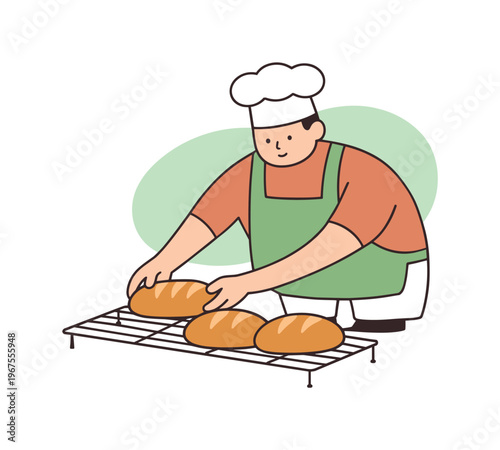 Calm baker finishes setting bread on a cooling rack as the loaves rest evenly in a quiet work moment | scene of baker placing