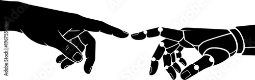 The Creation of Adam, a fusion of human and robot touch, symbolizing technological evolution and artificial intelligence