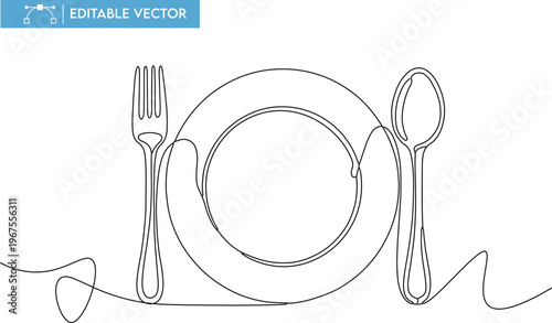 Elegant continuous single-line drawing vector illustration of a dinner plate, fork, and spoon, perfect for culinary and dining graphic designs.