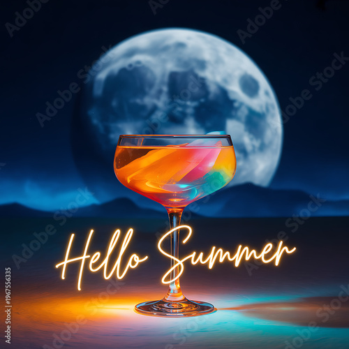 Colorful cocktail glass sits on beach with full moon and mountains in background at night with text Hello Summer