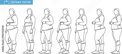 Vector illustration showing a woman's body transformation process, depicting significant weight loss progress and fitness journey over time.