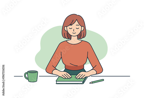 Warm person closes a notebook slowly at the desk, fingertips resting as thoughts settle and work time softly ends | notebook