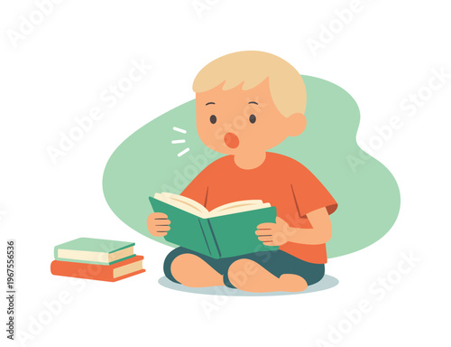 Light child sits upright holding a book open, mouth moving softly as voice carries into the room during practice time calmly here