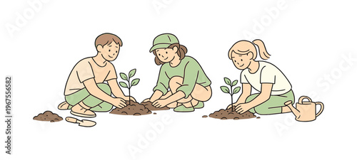 Friends planting young trees together outdoors with calm smiles and gentle teamwork, minimalist flat vector illustration with
