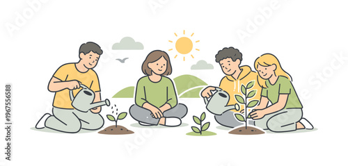 People supporting green future while watering plants in a peaceful setting, relaxed posture and shared focus, minimalist flat