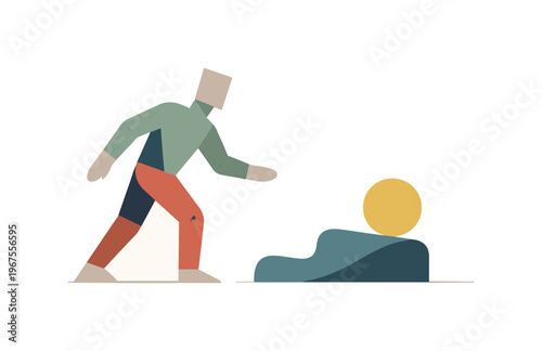 Human figure stepping cautiously toward one abstract element while others remain ambiguous, identifying a tentative focus amid