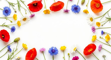 Vibrant flowers wreath with red poppies blue cornflowers and colorful blooms on white background for spring and summer decor