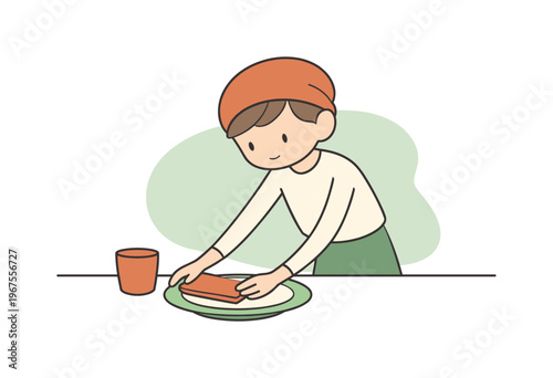 Warm child decorates a table by placing plates and napkins carefully, aligning edges as sunlight enters the room quietly indoors.