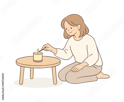 Woman creating cozy ambiance by lighting candle in living space, minimal table and candle as single props with relaxed body