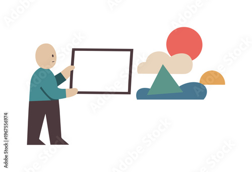 Human holding an empty frame toward the shapes, reframing evolving ideas without fixing them in place. Stylized editorial