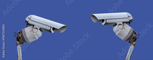 Surveillance cameras record everything on blue background. No secrets, no privacy concept