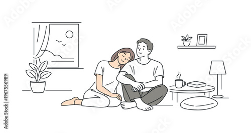 Peaceful Couple Moment. Couple pausing to enjoy peaceful vibe during daily life, balanced composition with open space and relaxed