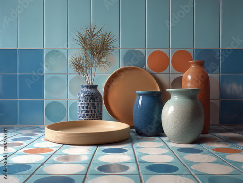Colorful ceramic vases and dishes on patterned tiled counter