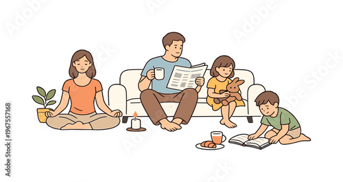 Family sharing quiet morning routine at home with relaxed togetherness, minimalist flat vector illustration in clean line style,