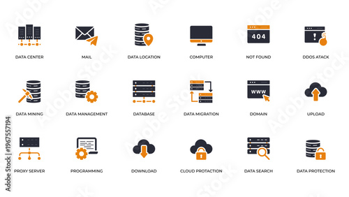Data center icon set showing server racks, databases, cloud sync, network nodes, security shields and backup drives, flat minimal style with highcontrast palette, scalable symbols representing