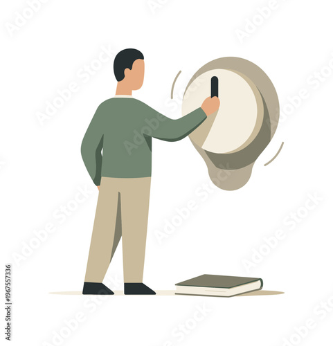 Individual making a subtle internal adjustment while simplicity remains intact, refining clarity. Stylized editorial character