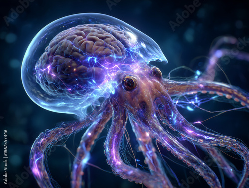 Octopus creature with human brain and neural network lighting