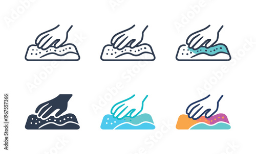 Abstract depiction of sensory play tools shaped as a clear symbol suggesting texture interaction, calming repetition, and