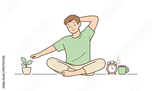 Morning Calm Stretch. Man enjoying healthy routine starting the morning with a calm stretch and relaxed posture, minimalist flat