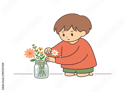 Child Arranging Flowers. Warm child arranges flowers in a glass jar choosing stems carefully as petals fan out and the tabletop