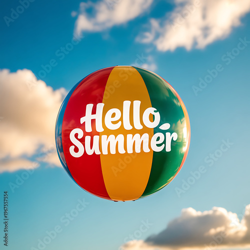 A colorful beach ball with 'Hello Summer' floats in a sunny sky with fluffy clouds.