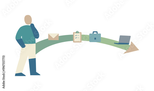 Person contemplating a career path with icons representing tasks and progress