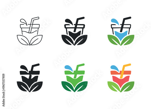 Abstract depiction of freshly blended drinks shaped as a clear symbol suggesting vitality boost, clean refreshment, and nature