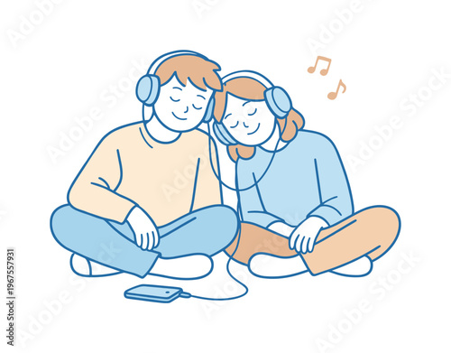 Friends listening to music with headphones together in relaxed setting, two people sitting close and sharing calm smiles,