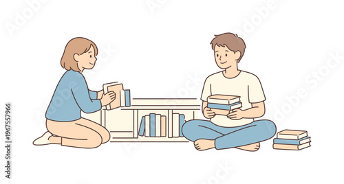 Couple organizing living space while sorting books on a low shelf and smiling calmly together, minimalist flat vector