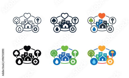Town Management Symbols. Abstract depiction of town management networks shaped as a clear symbol suggesting integrated operations,