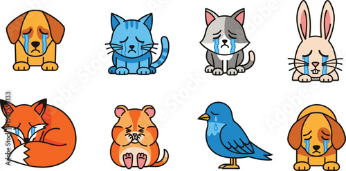 Sad and Crying Animal Icon Set with Dog Cat Rabbit Fox Hamster and Bird Characters Showing Emotional Expressions for Mental Health Illustration Design