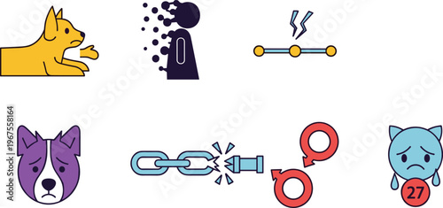 Relationship Issues and Emotional Breakdown Icon Set with Broken Connection Gender Conflict Sad Dog Stress Symptoms and Communication Problems Design