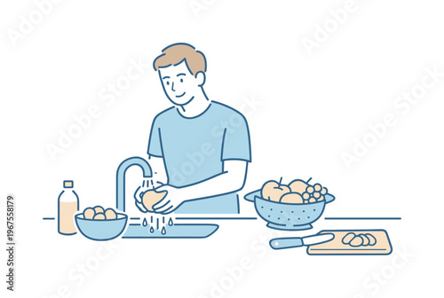 Man calmly washing fruit as part of daily food preparation, friendly proportions and steady posture capturing care and simplicity