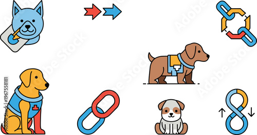 Service Dog and Assistance Icon Set with Therapy Dog Guide Dog Chain Link Connection Symbols and Support Concepts for Accessibility Design
