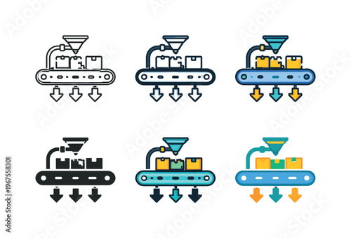 Efficient Factory Symbols. Abstract depiction of factory sorting systems shaped as a clear symbol suggesting mechanized selection,