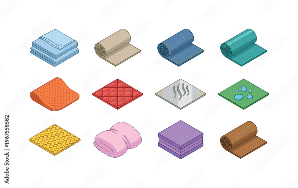 Obraz premium Collection of isometric fabric swatches and material samples with different textures and properties