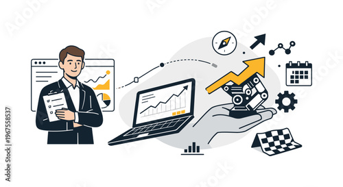 Modern minimal flat vector conceptual collage, crisp hard edges, consistent THIN outline stroke, rounded corners where needed,