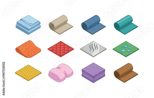 Collection of isometric fabric swatches and material samples with different textures and properties