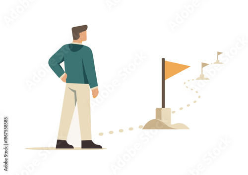 Individual turning attention toward one nearby milestone while others remain distant, signaling initial recognition of progress