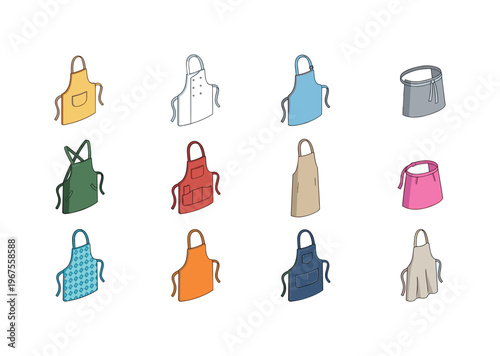 Collection of diverse aprons in various colors and styles for culinary and crafting needs