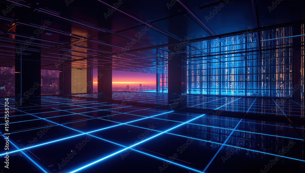 Fototapeta premium Futuristic interior with neon grid floor, panoramic city sunset visible through windows