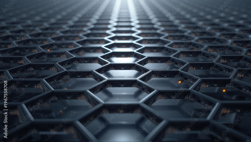 Naklejka premium Futuristic hexagonal grid pattern with metallic cells and subtle glowing circuitry