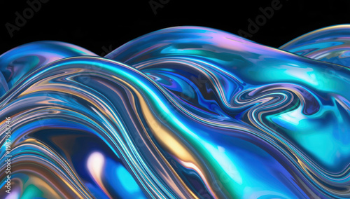 Wallpaper Mural Iridescent liquid chrome waves with smooth reflective surface, vibrant blue and teal gradient Torontodigital.ca