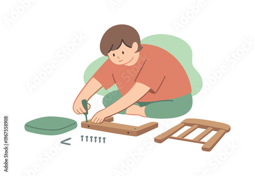 Soft person leans forward assembling a chair from parts as screws line up neatly and motion stays slow | scene of person